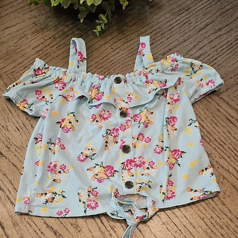 Floral Off-Shoulder Kids Top - Blue Size 5 - Picture 1 of 6